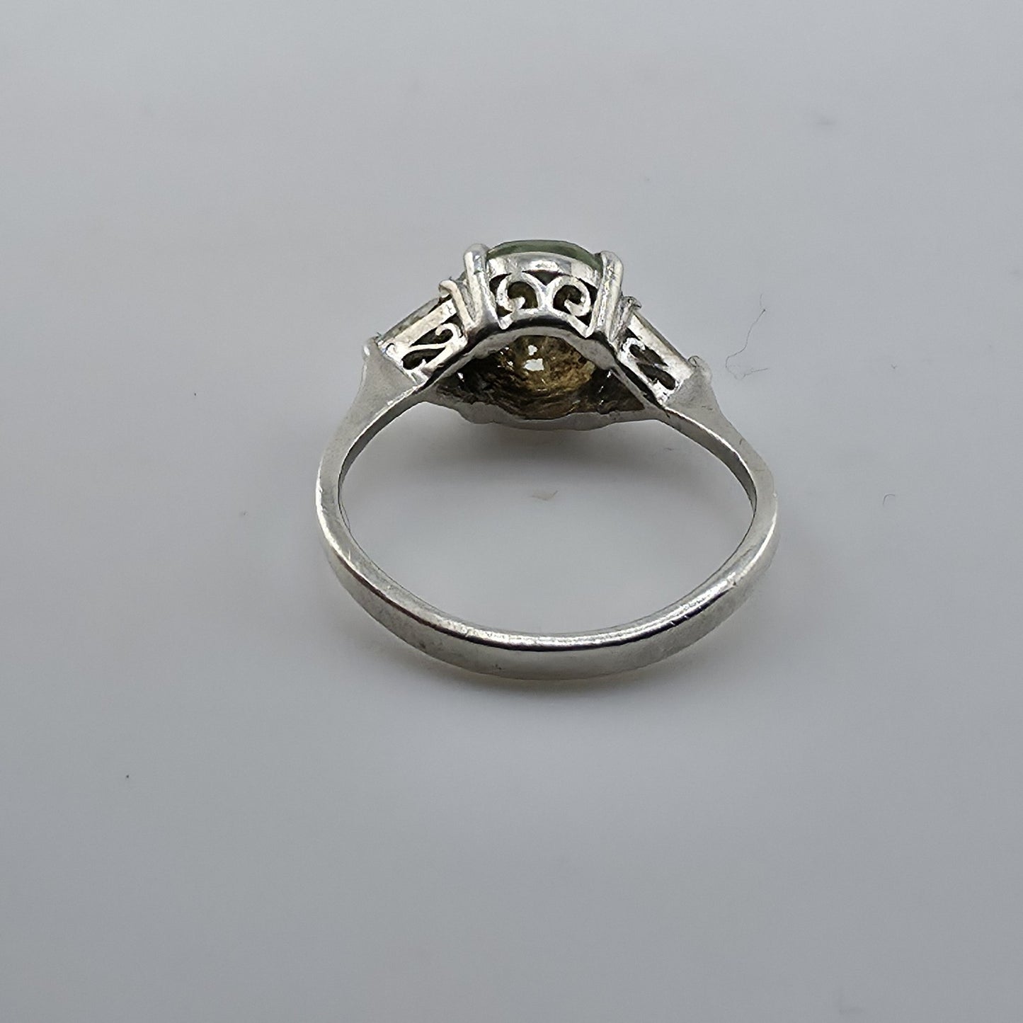 Sterling Silver Ring Blue-Green Stone with Clear Accents Filigree 925 Size 6