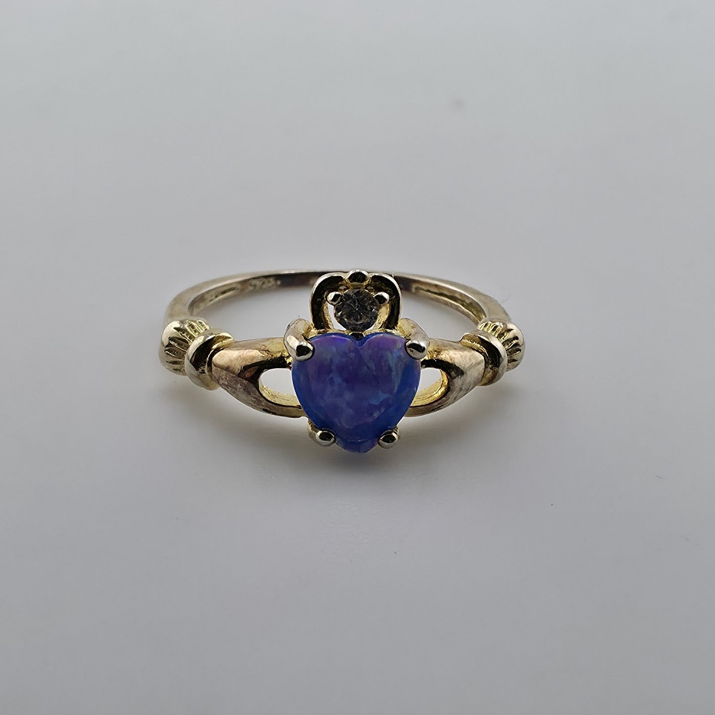 Sterling Silver 925 Gold Vermeil Blue Opal Heart Claddagh Ring CZ Size 5.5
