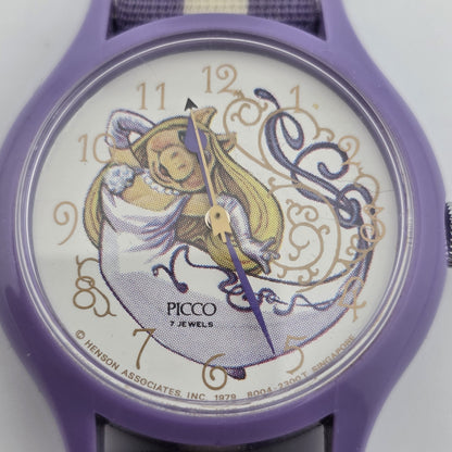 Picco Ms Piggy Watch Women Purple White Round Nylon Band Manual Wind Vintage