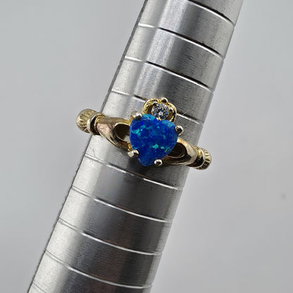 Sterling Silver 925 Gold Vermeil Blue Opal Heart Claddagh Ring CZ Size 5.5