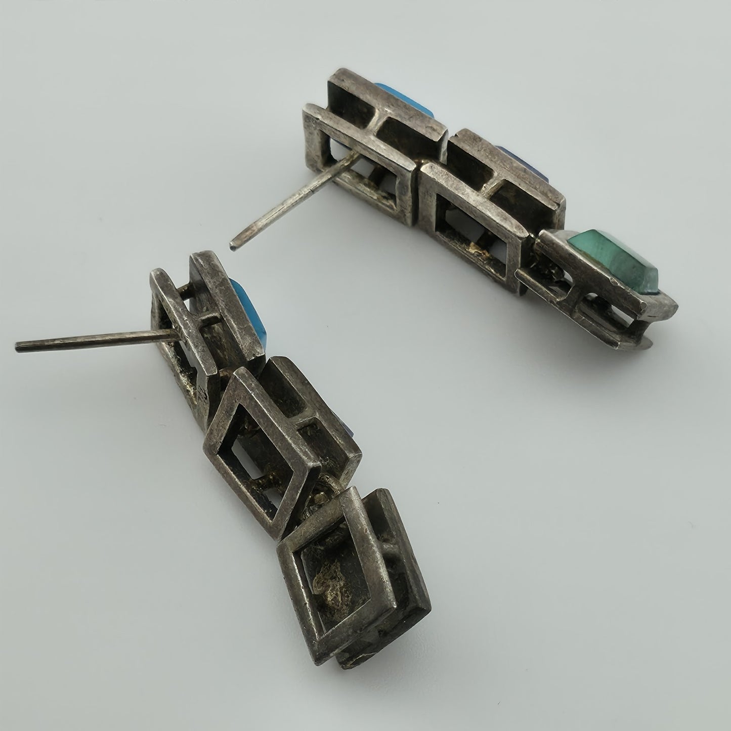 Sterling Silver Earrings Turquoise Malachite Lapis Taxco Drop Post Vintage
