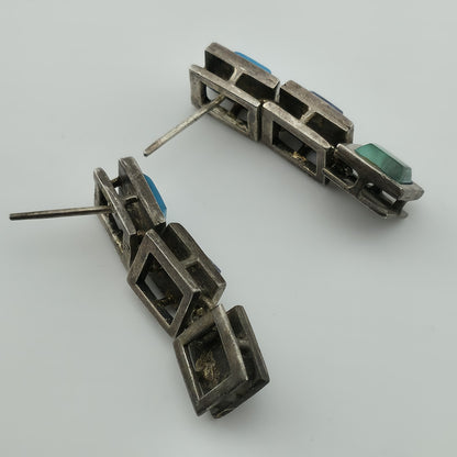 Sterling Silver Earrings Turquoise Malachite Lapis Taxco Drop Post Vintage