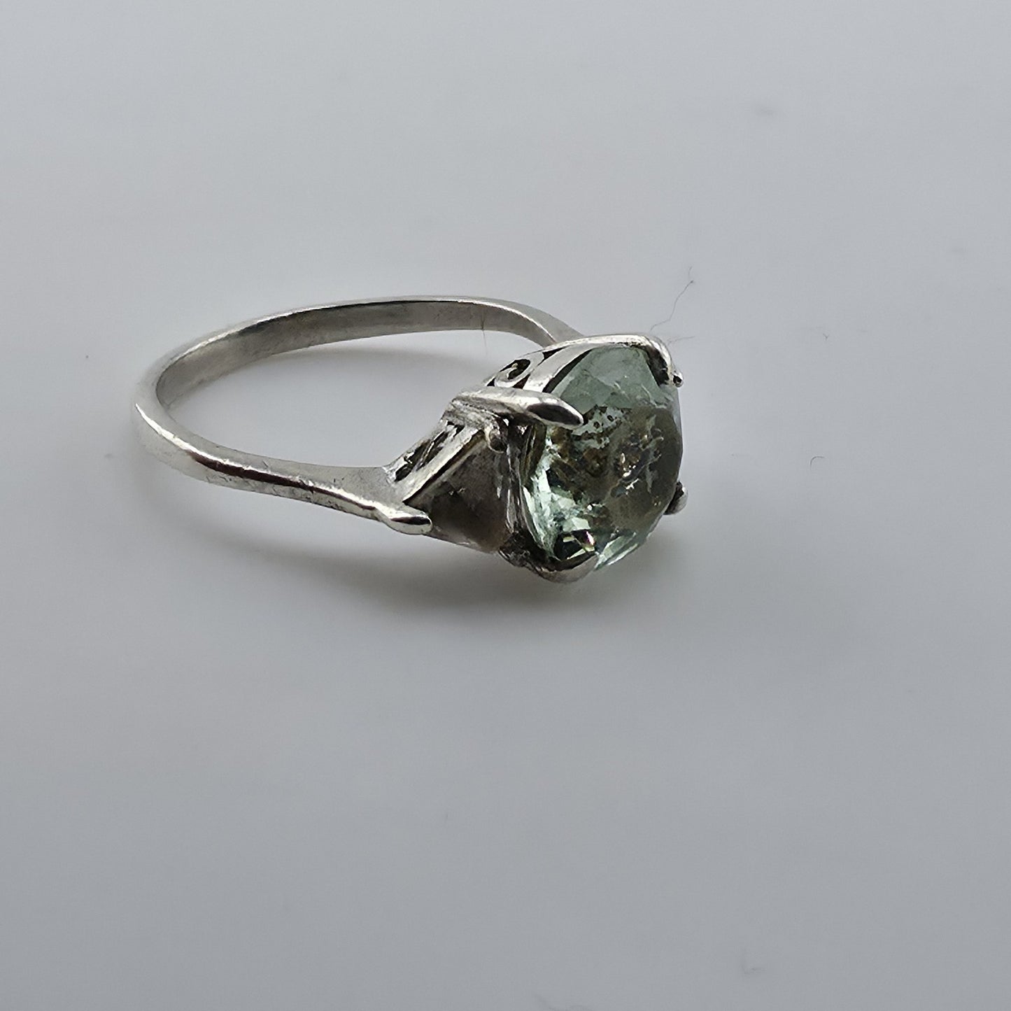 Sterling Silver Ring Blue-Green Stone with Clear Accents Filigree 925 Size 6