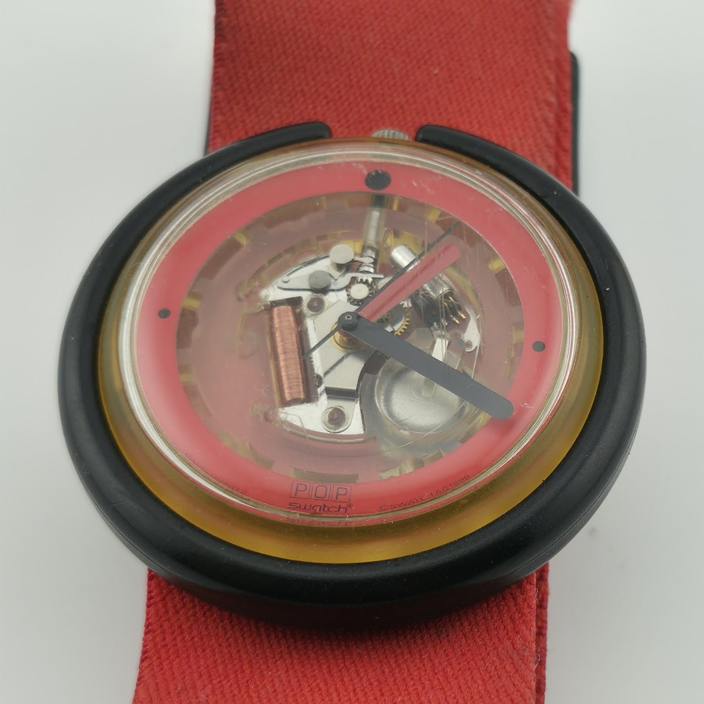 Vintage Swatch Pop Watch 1988 Red Band Skeleton Transparent Dial Rare New Batter