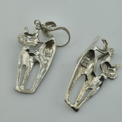 Sterling Silver Modernist Kitty Cat MCM Dangle Hook Earrings 4g 925 NF Vintage