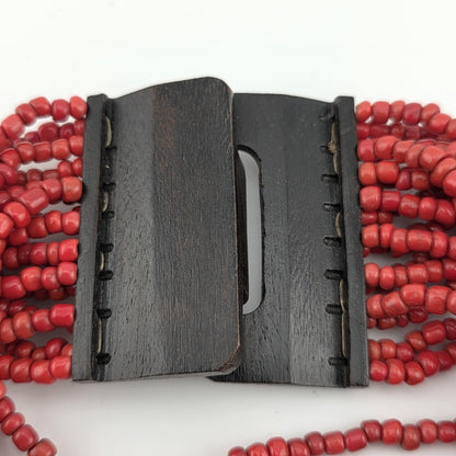 Dark Red Glass Bead Multistrand, Layered Necklace With Wooden Square Closure