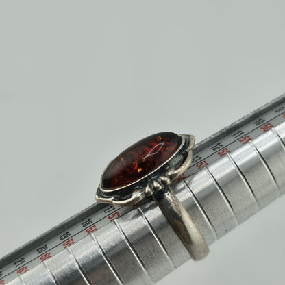 Baltic Amber Sterling Silver Ring Oval Stone Gothic Modernist 7 Polish