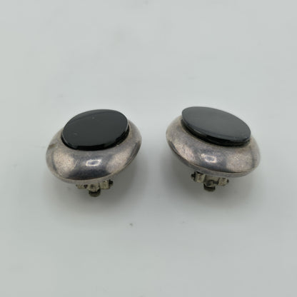 ZINA 925 Sterling Silver Clip On Earrings Vintage Black Onyx Dome Non Pierce