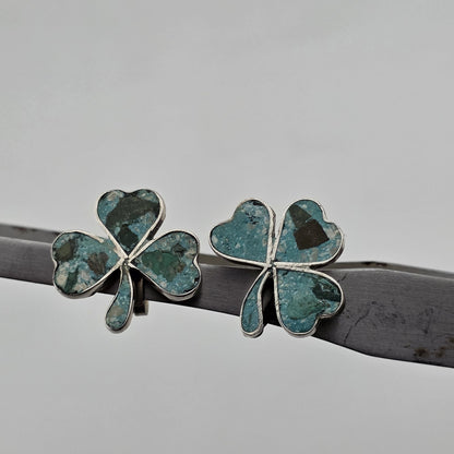 Vintage EARRINGS TAXCO Mexico INLAID TURQUOISE Sterling Silver 925 SHAMROCK