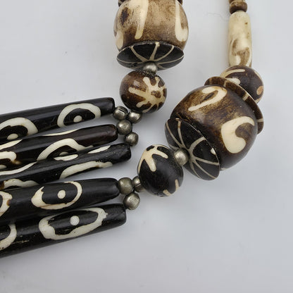 Tribal Necklace Tibetan dZi African Batik Beads Vintage 30in