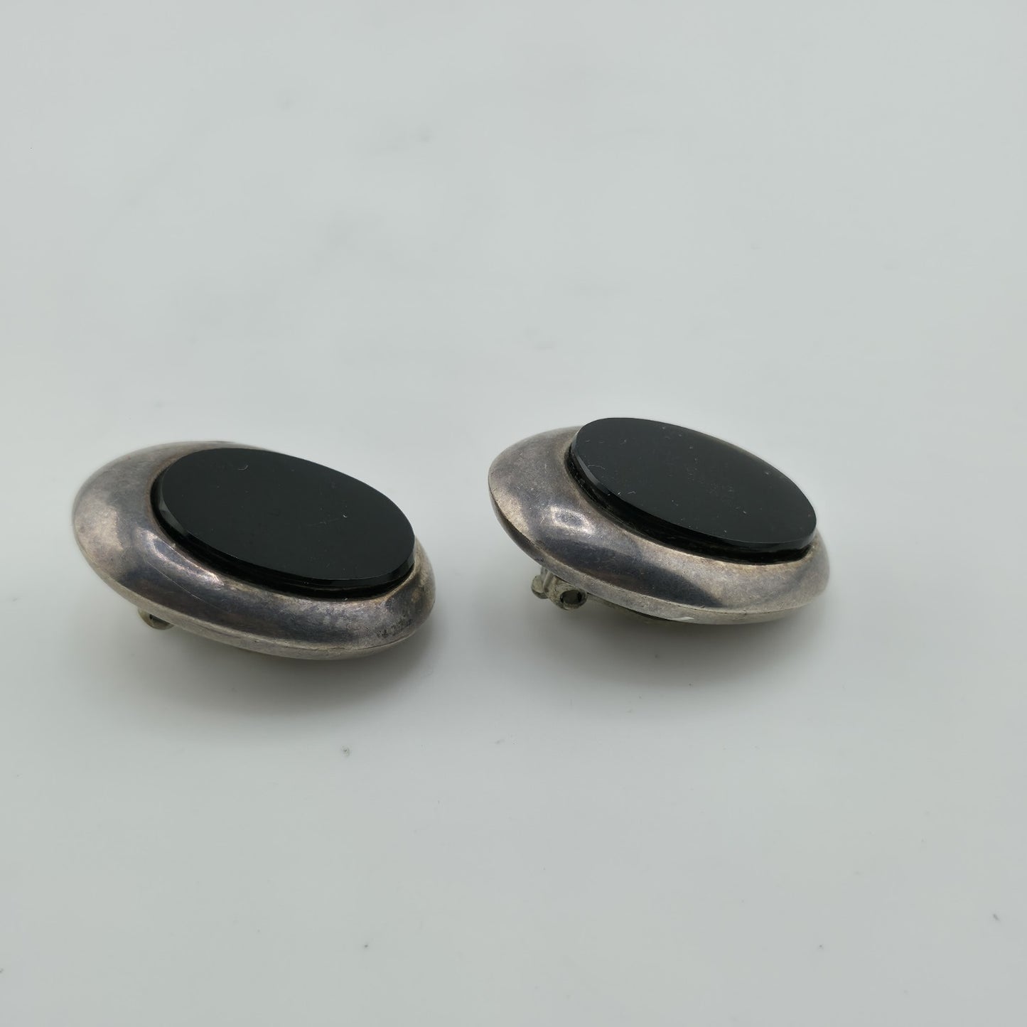ZINA 925 Sterling Silver Clip On Earrings Vintage Black Onyx Dome Non Pierce