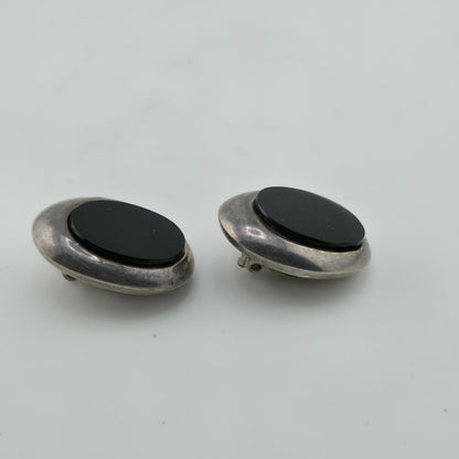 ZINA 925 Sterling Silver Clip On Earrings Vintage Black Onyx Dome Non Pierce