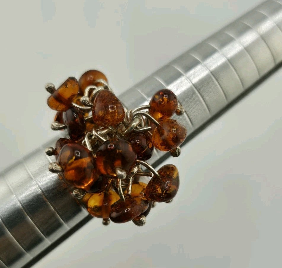 Baltic Amber Cluster Sterling Silver Ring Modernist Adjustable Vintage Polish