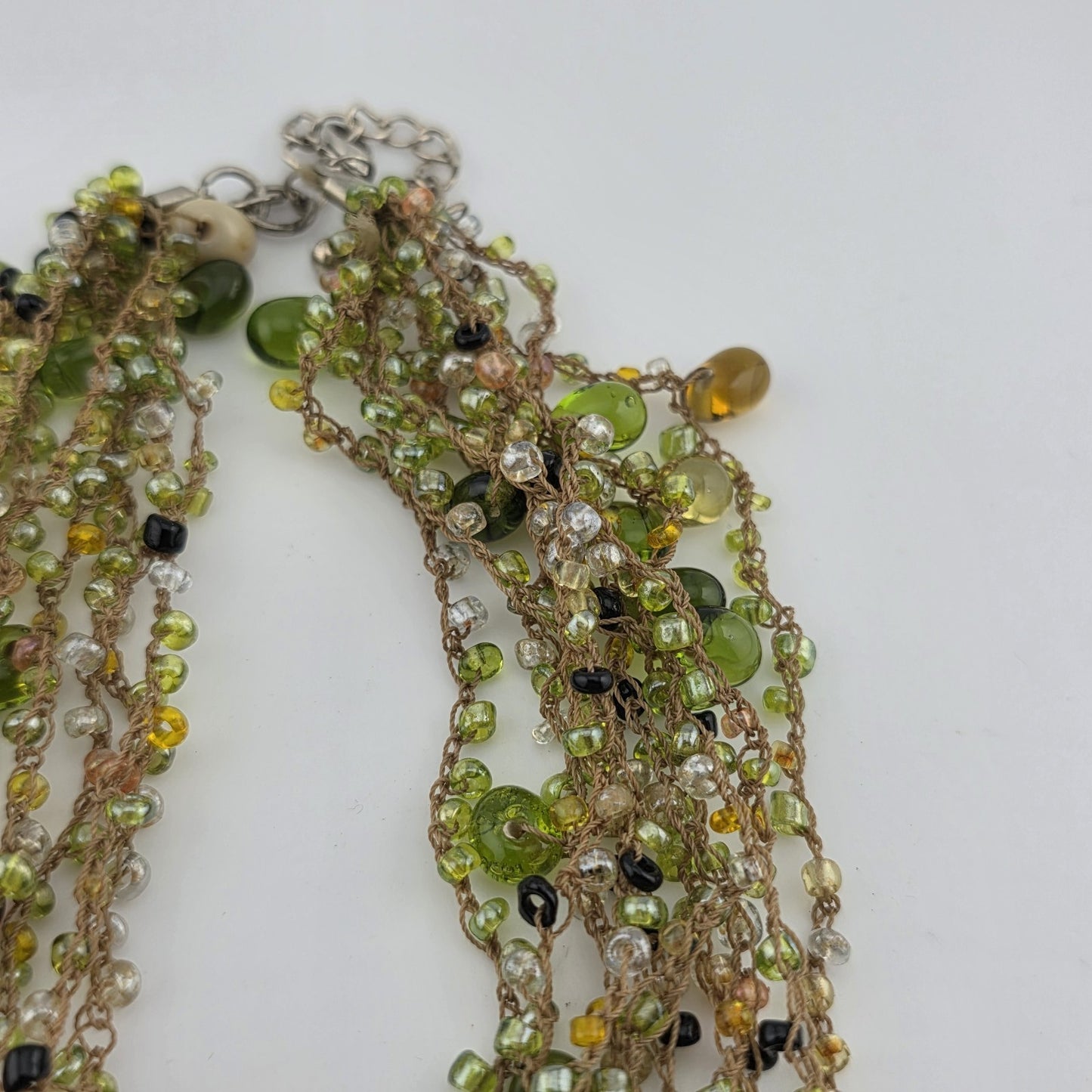 Multistrang Gemstone Handmade Crochet Necklace Olive, avocado Green tones 18"