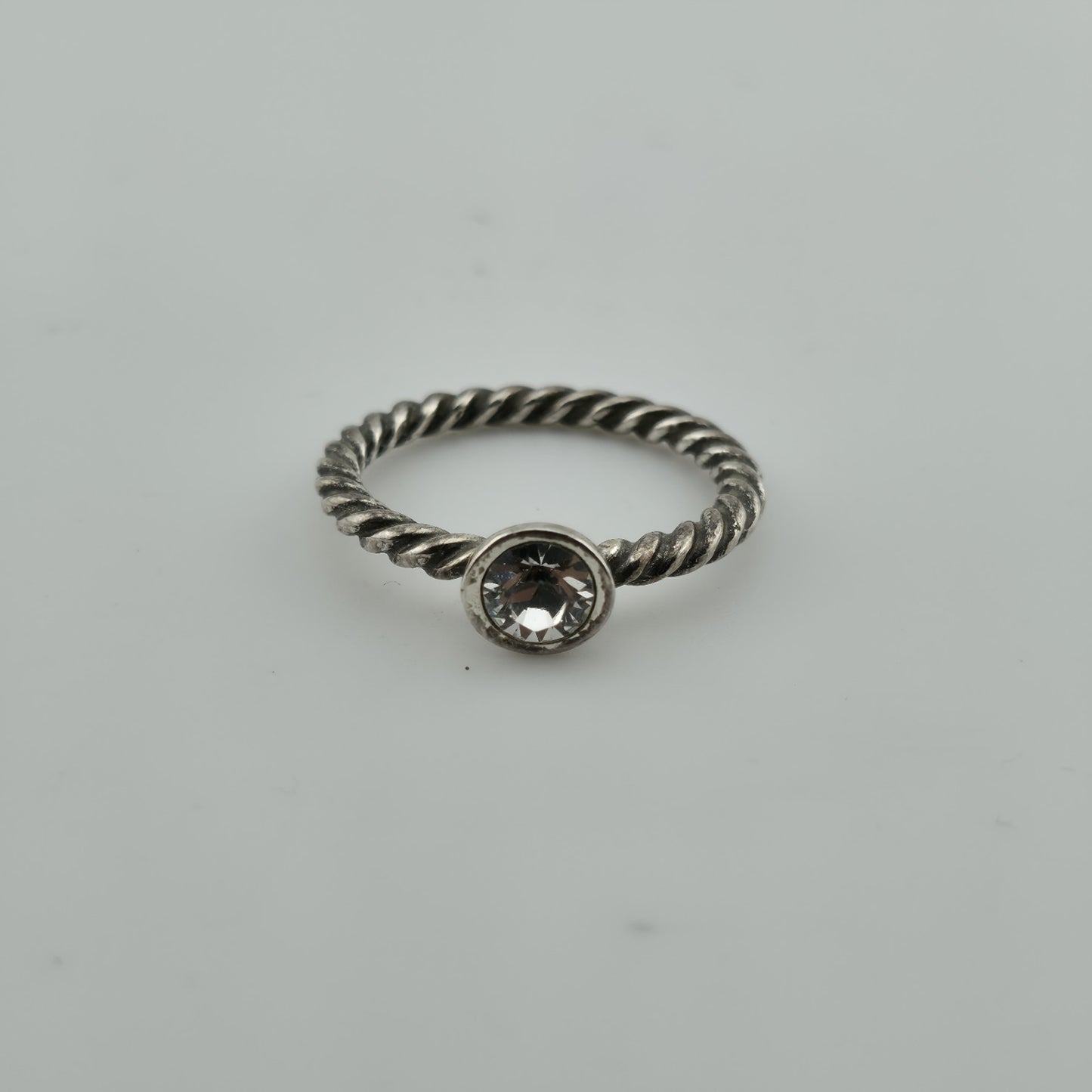 sterling Silver Art Deco rope Ring Bezel Set Rhinestone Stackable Minimalist 9