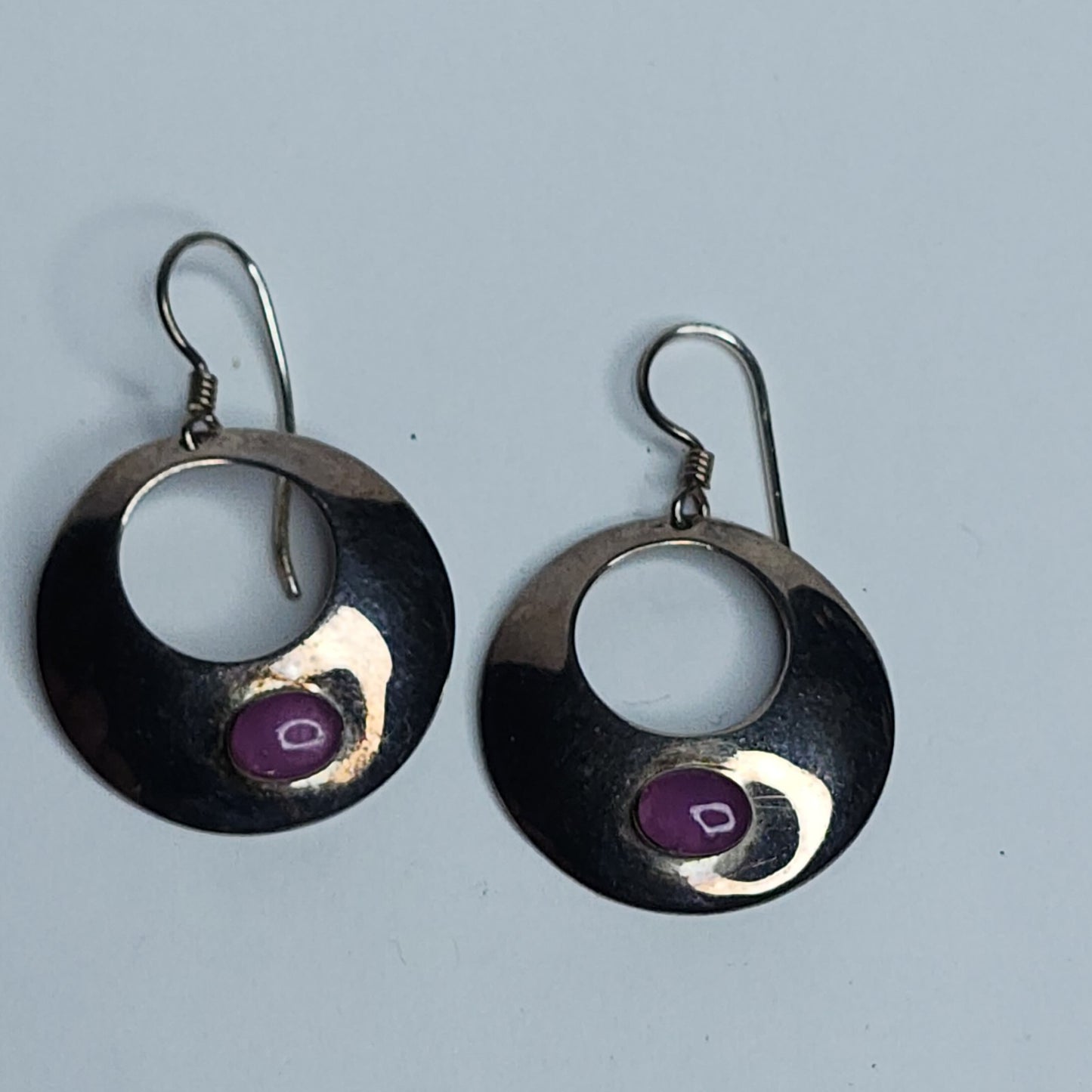 925 Sterling Silver Earrings Dangle Purple Stone Modernist Circle Signed NF VTG