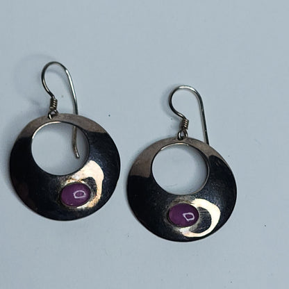 925 Sterling Silver Earrings Dangle Purple Stone Modernist Circle Signed NF VTG