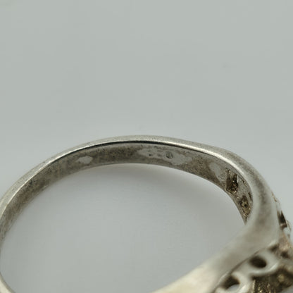 Sterling Silver 925 Large Clear Stone Ring Filigree Heart Vintage Size 7.5