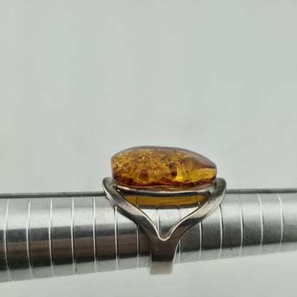Vintage Ring MCM Sterling Silver Natural Honey Amber Unique Abstract Adjustable