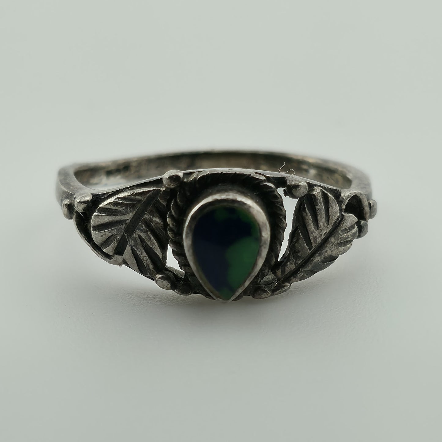 925 Sterling Silver Ring floral green Blue stone Teardrop Size 4.5