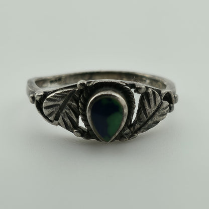 925 Sterling Silver Ring floral green Blue stone Teardrop Size 4.5