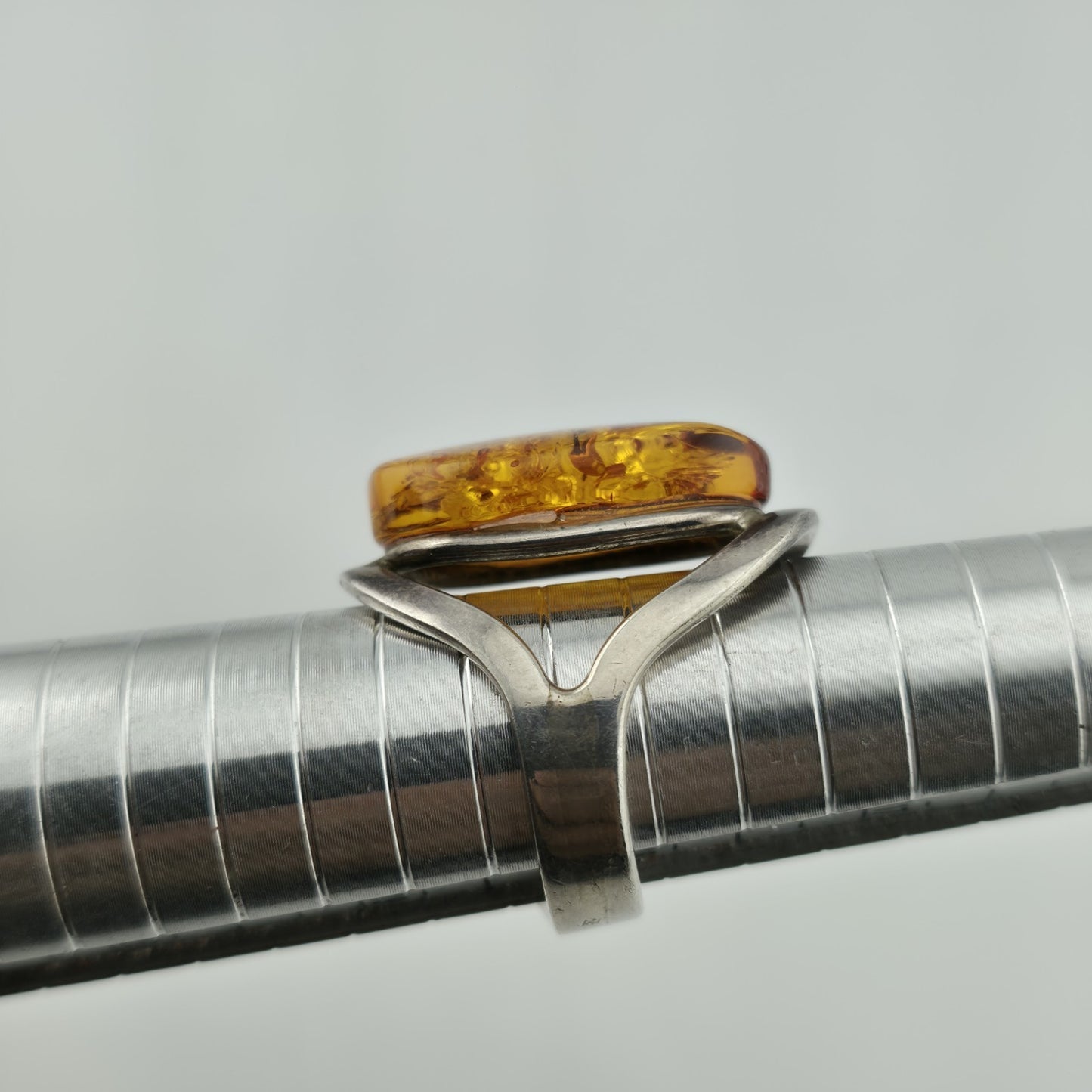 Vintage Ring MCM Sterling Silver Natural Honey Amber Unique Abstract Adjustable