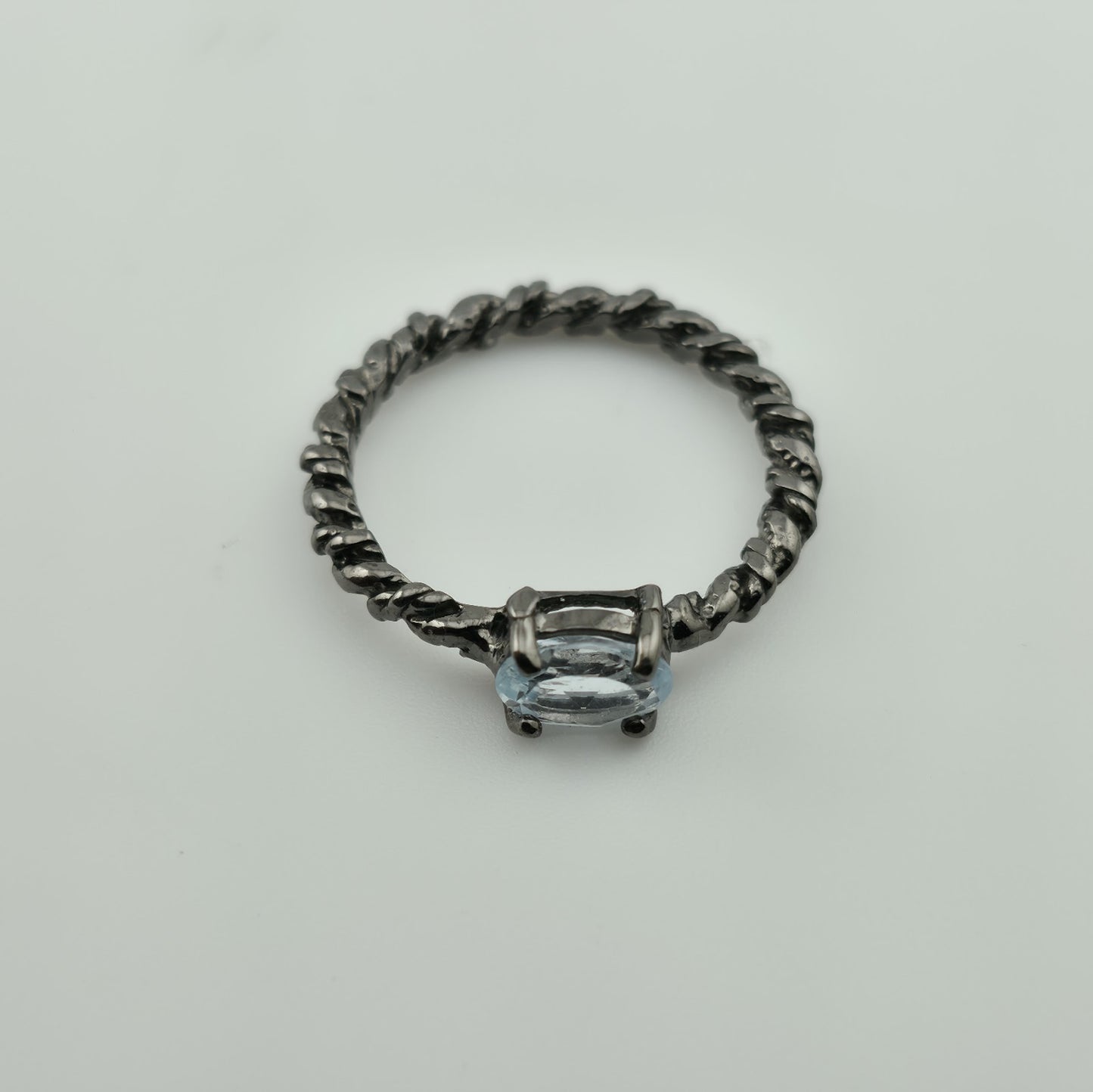 Oxidized 925 Sterling Silver Ring Black Vine Band Natural Blue Topaz Size 6.5