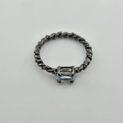Oxidized 925 Sterling Silver Ring Black Vine Band Natural Blue Topaz Size 6.5