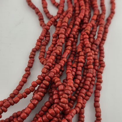 Dark Red Glass Bead Multistrand, Layered Necklace With Wooden Square Closure