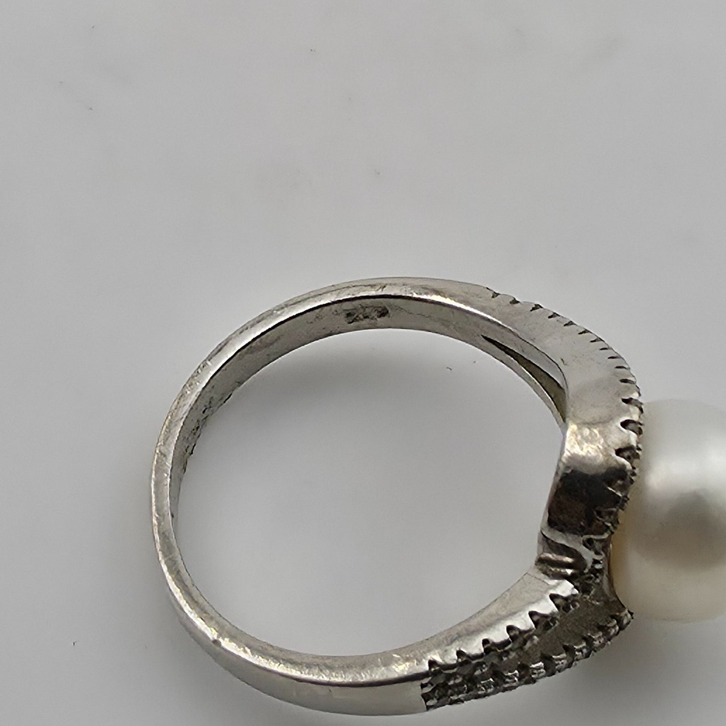 Sterling Silver Pearl Cubic Zirconia Swirl Halo Bypass Ring Size 7.75