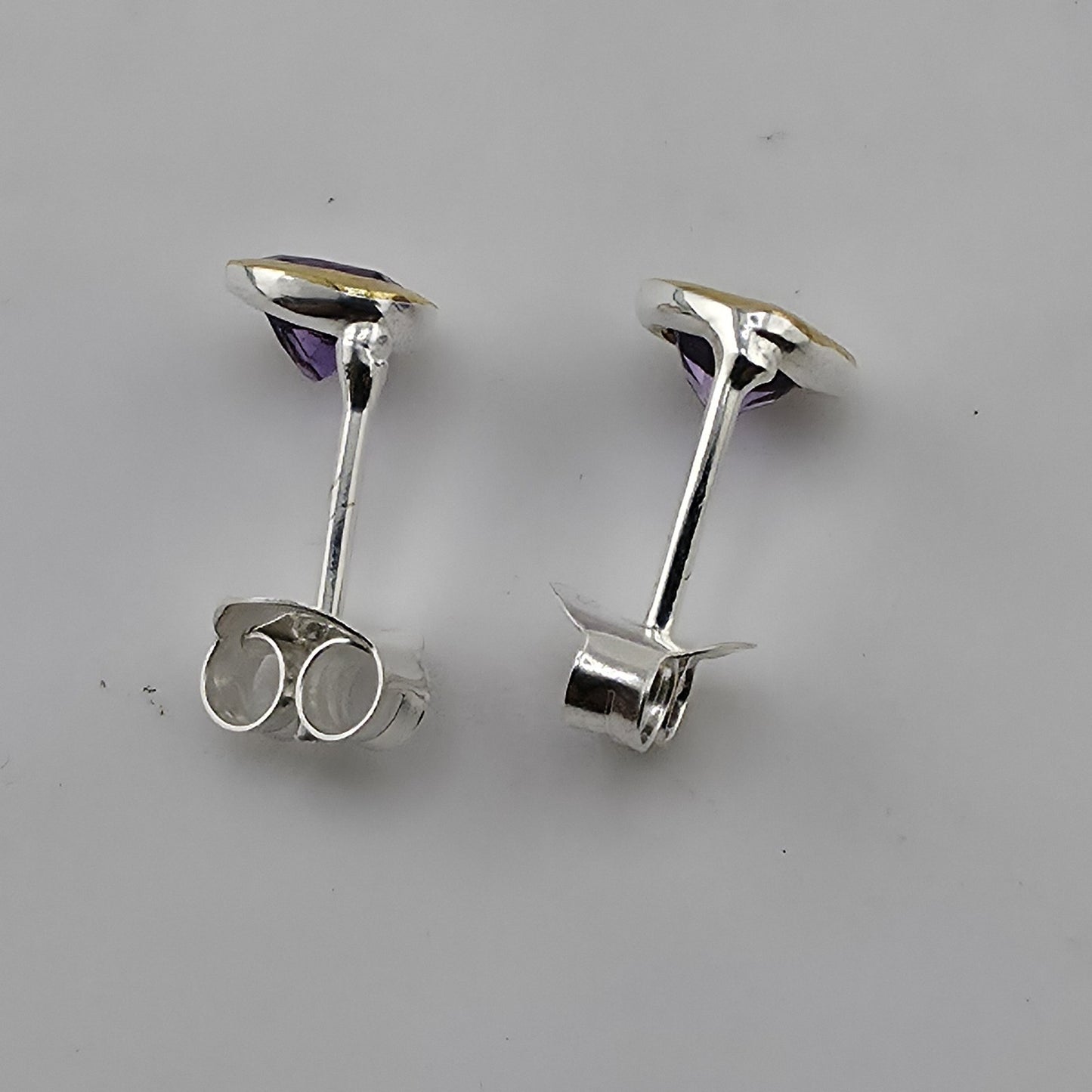 925 Sterling Silver Stud Earrings Natural Purple Amethyst Two Tone