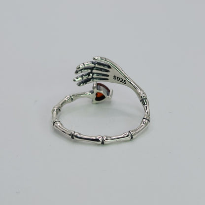 Gothic Skeleton Hand Ring Red Heart CZ 925 Sterling Silver Love Witch Adjustable