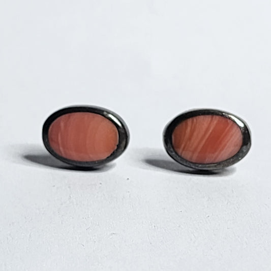 925 Sterling Silver Earrings Pink Inlay Stud tested Mexican Vintage