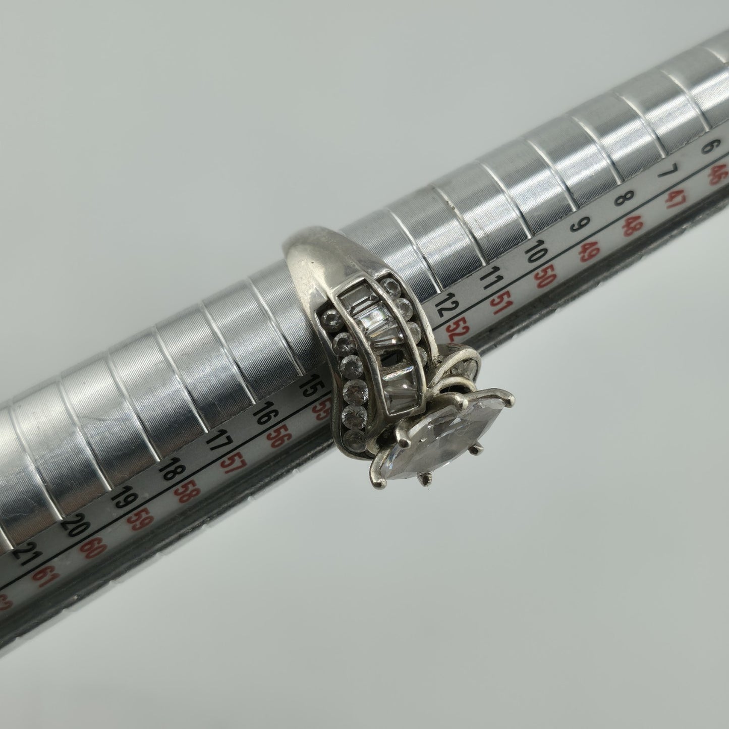 Sterling Silver Ring Marquise Clear Stone Baguette Design Size 6.75 Vintage 925