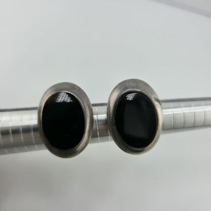 ZINA 925 Sterling Silver Clip On Earrings Vintage Black Onyx Dome Non Pierce