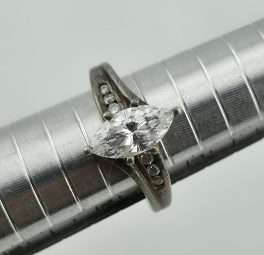 DQCZ Sterling Silver Ring Diamonique Marquis Colorless Stone Patina 7.75