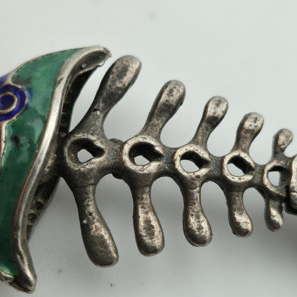 Sterling Silver 925 Green Blue Enamel Fish Bone Pendant Moveable Parts Vintage
