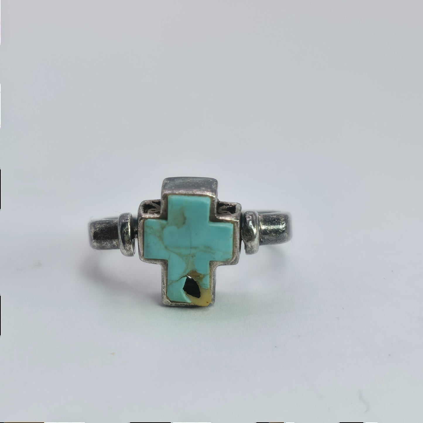 925 Sterling Spinner Ring Turquoise Cross Double Sided Articulated Vintage PD  7