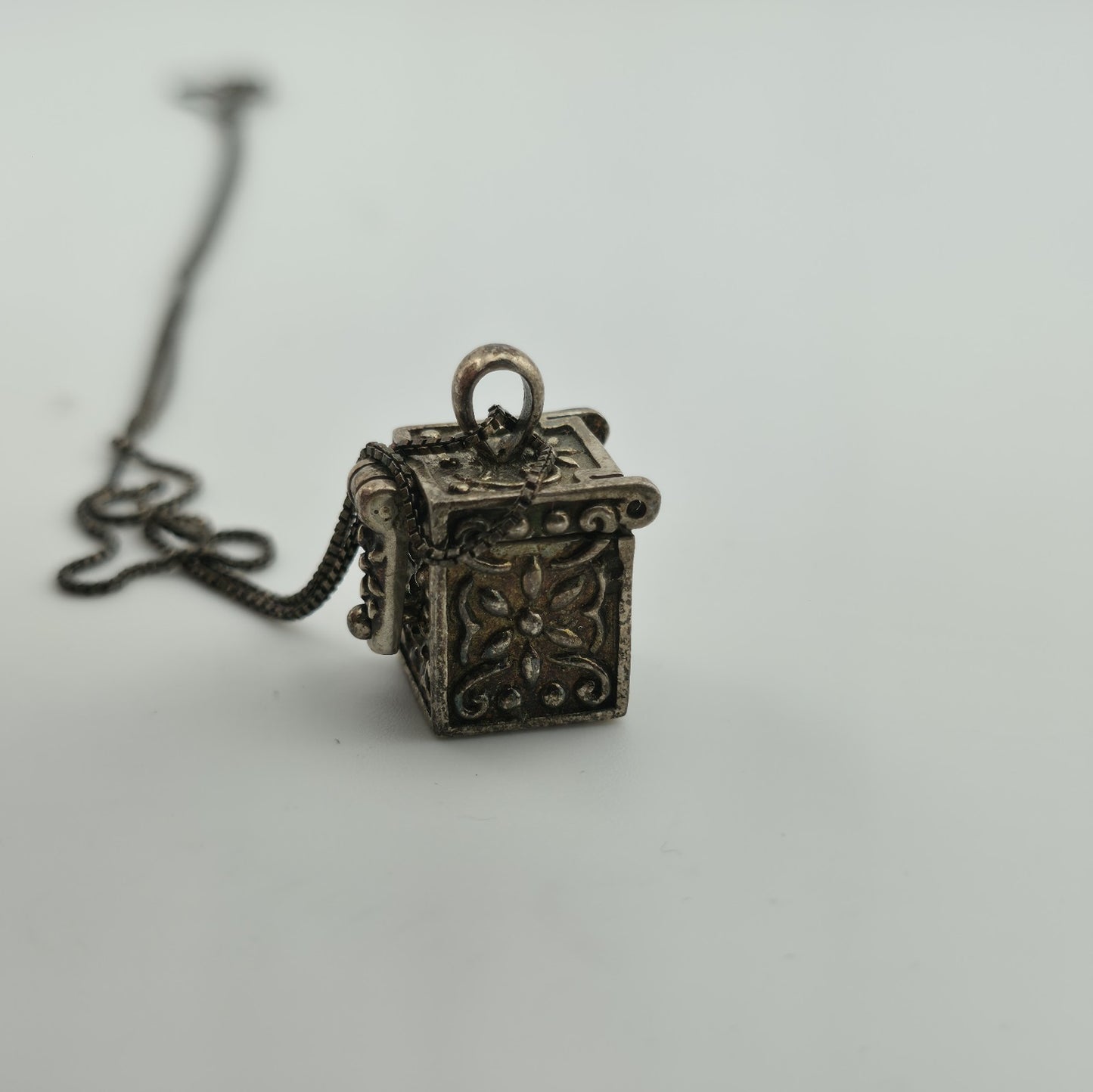 Vintage Sterling Silver Prayer Box Charm Pendant Cross Christian 925 16" Necklac