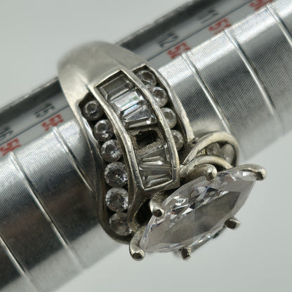 Sterling Silver Ring Marquise Clear Stone Baguette Design Size 6.75 Vintage 925
