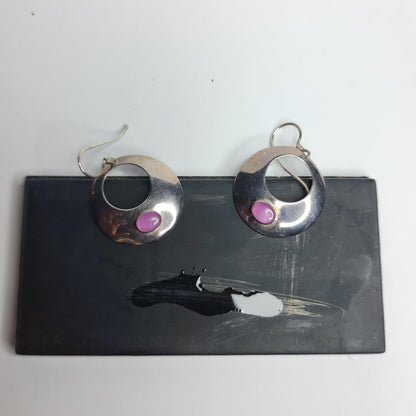 925 Sterling Silver Earrings Dangle Purple Stone Modernist Circle Signed NF VTG