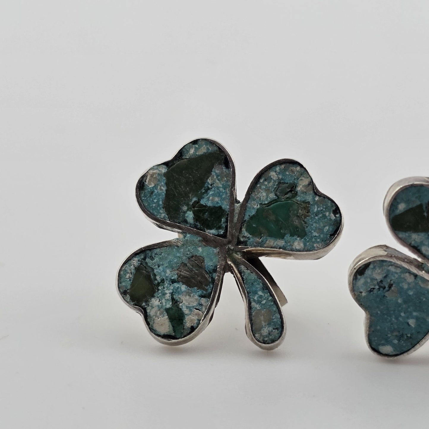 Vintage EARRINGS TAXCO Mexico INLAID TURQUOISE Sterling Silver 925 SHAMROCK