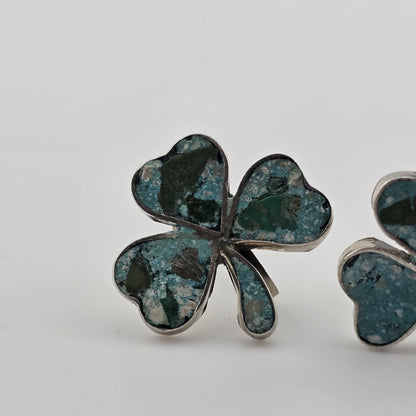 Vintage EARRINGS TAXCO Mexico INLAID TURQUOISE Sterling Silver 925 SHAMROCK
