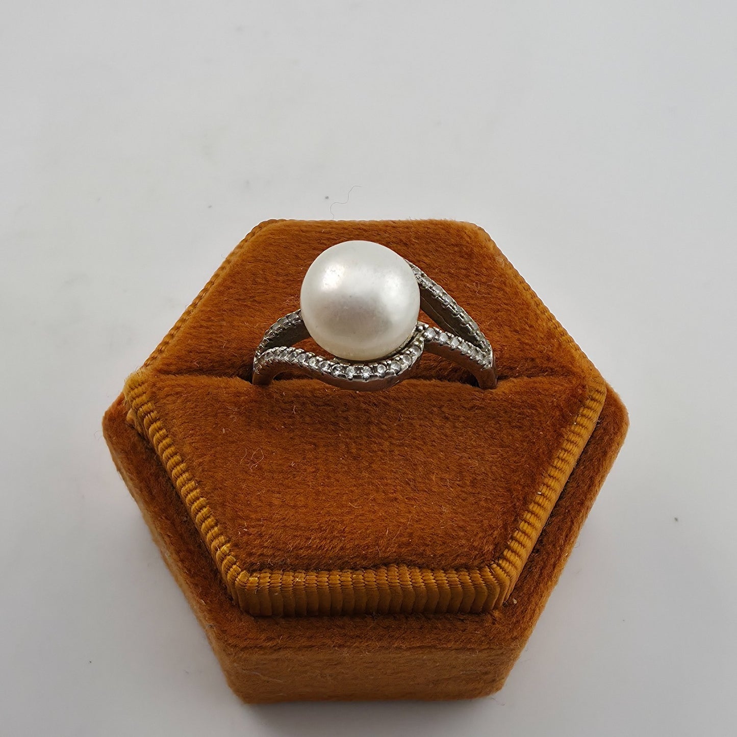 Sterling Silver Pearl Cubic Zirconia Swirl Halo Bypass Ring Size 7.75