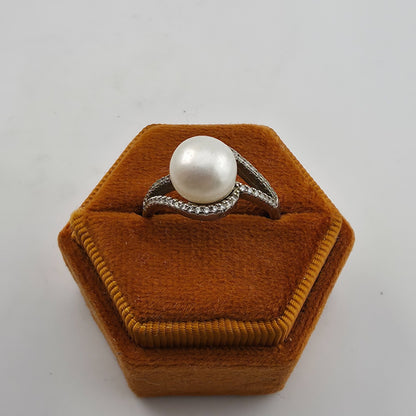 Sterling Silver Pearl Cubic Zirconia Swirl Halo Bypass Ring Size 7.75