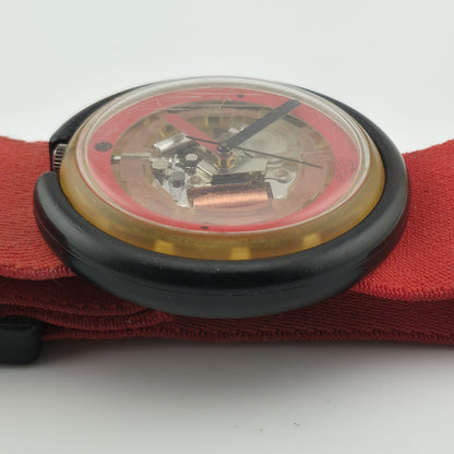 Vintage Swatch Pop Watch 1988 Red Band Skeleton Transparent Dial Rare New Batter