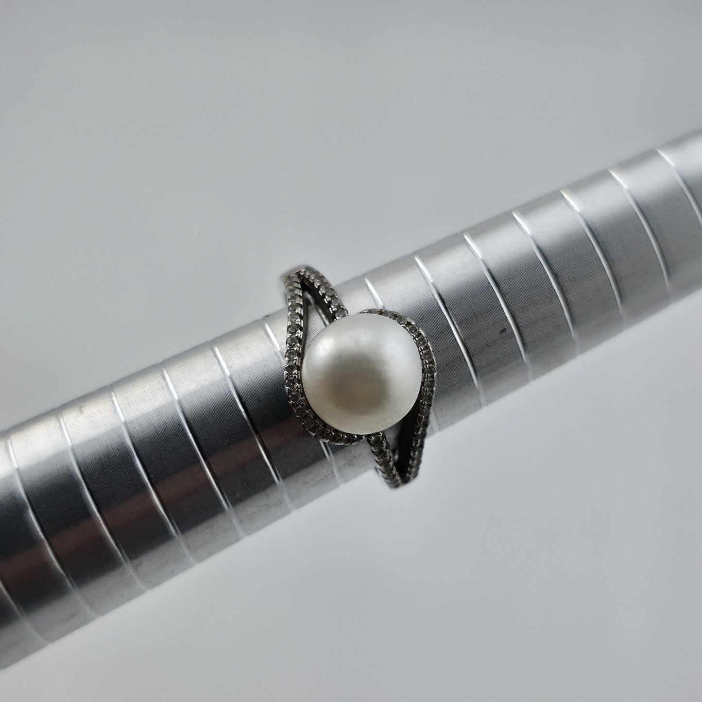 Sterling Silver Pearl Cubic Zirconia Swirl Halo Bypass Ring Size 7.75