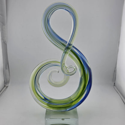 Hand Blown Music Treble Clef 10" Art Glass Sculpture Blue Green Infinity Vintage