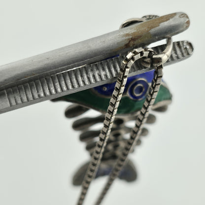 Sterling Silver 925 Green Blue Enamel Fish Bone Pendant Moveable Parts Vintage