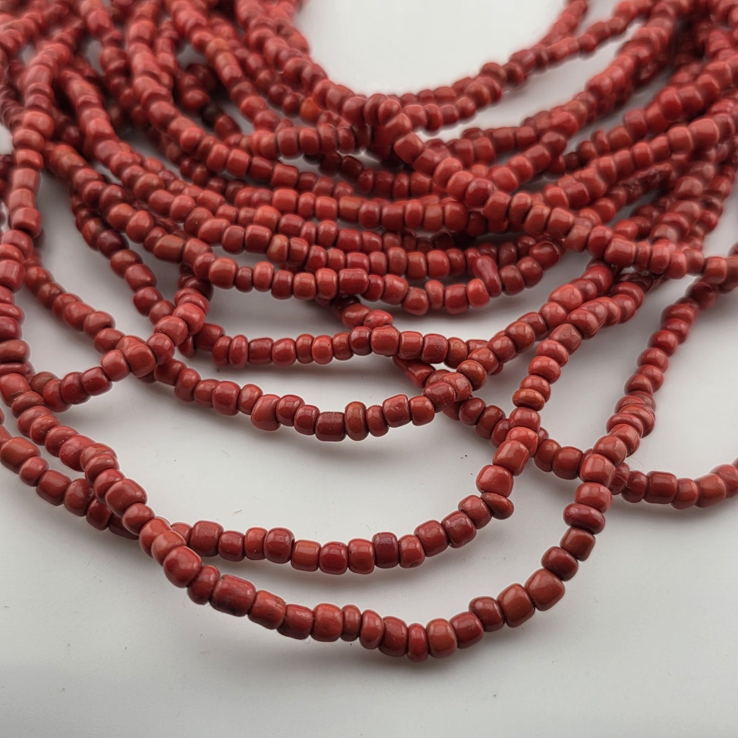Dark Red Glass Bead Multistrand, Layered Necklace With Wooden Square Closure